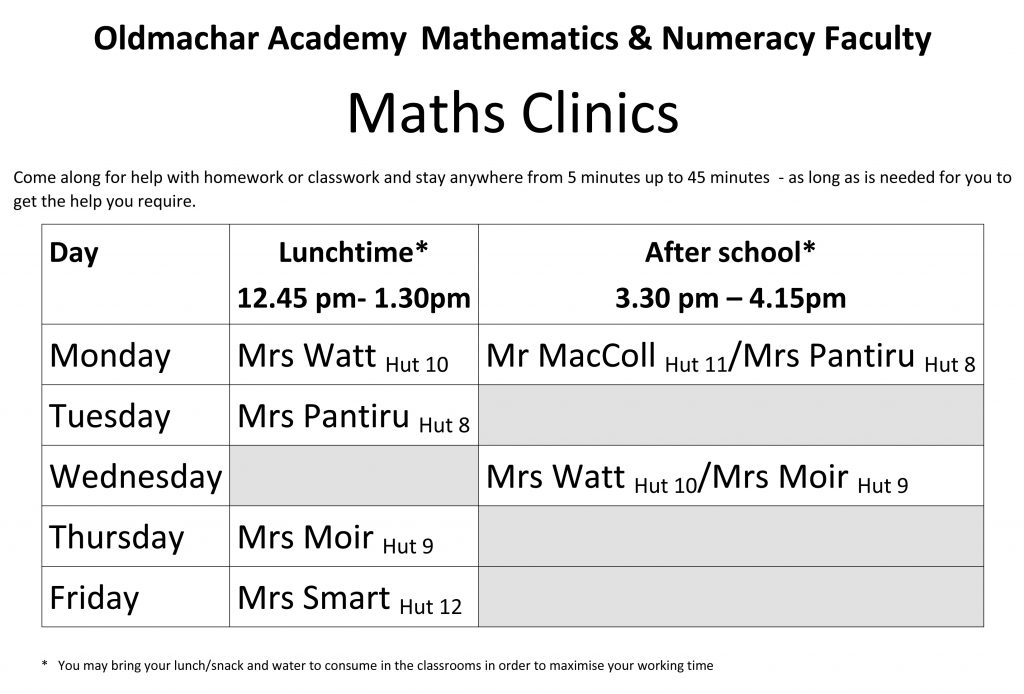 Maths clinic timetable